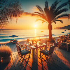 restaurant on the beach. beach, sea, chair, sunset, table, restaurant, ocean, chairs, sky, summer,...
