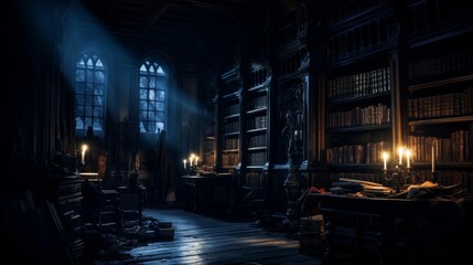 Spooky library with ghostly atmosphere and mysterious shadows lurking around shelves