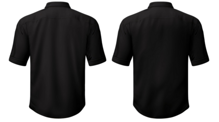 Set of black button up long sleeve collar shirt front, back and side view on transparent background