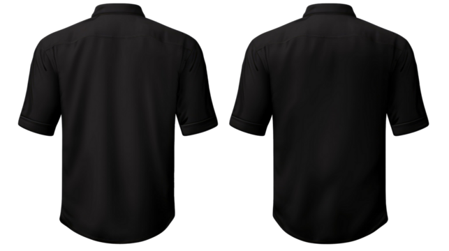 Set of black button up long sleeve collar shirt front, back and side view on transparent background