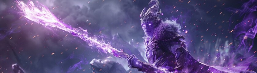 A fantastical creature with a shimmering purple aura enveloping them, clutching a mythical spear that seems to hum with energy - obrazy, fototapety, plakaty