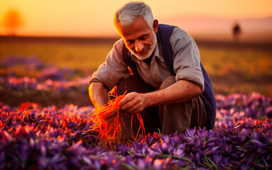 Growing saffron. Manual labor when collecting and processing crocus flowers.