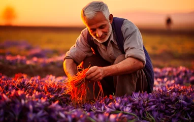 Raamstickers Growing saffron. Manual labor when collecting and processing crocus flowers. © serperm73