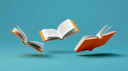 3 orange books with white pages floating in the air