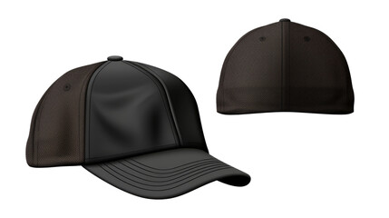 Set of black front and side view hat baseball cap on transparent background. Mockup template for artwork