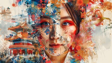 A woman's face is painted with flowers and butterflies, and a building is in the background. The painting is colorful and vibrant, and it seems to be inspired by Asian culture