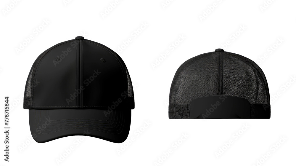 Wall mural Set of black front and side view hat baseball cap on transparent background. Mockup template for artwork