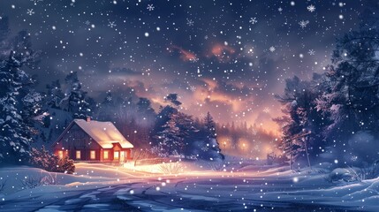 A snowy landscape with a house in the background. The house is lit up, giving it a warm and cozy feeling. The snow is falling gently, creating a peaceful and serene atmosphere