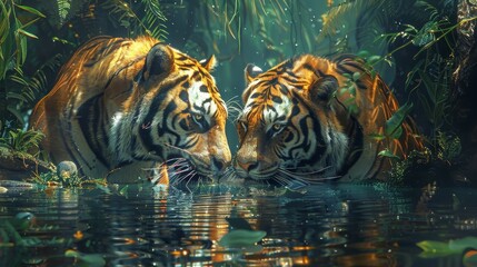 Two tigers are drinking water in a jungle - obrazy, fototapety, plakaty
