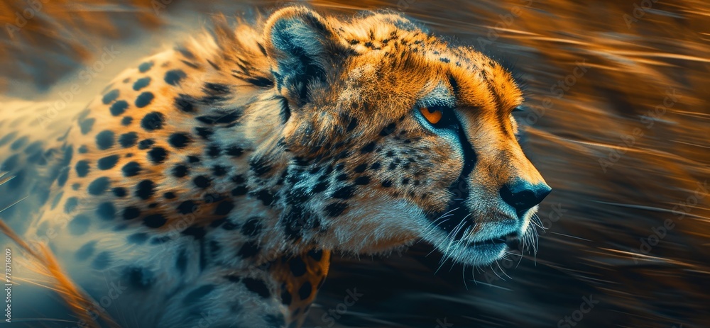 Poster a cheetah is running through tall grass. the cheetah is the main focus of the image, and it is in mo