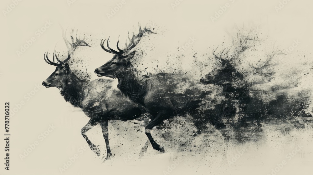 Poster Two deer running in the snow, one of them is in the foreground and the other is in the background