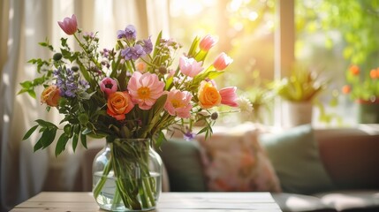 Close up spring flowers bouquet in vase on table in living room with morning sun light