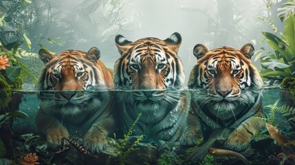 Three tigers are in a pond, with one of them looking at the camera. The image has a playful and lighthearted mood, as the tigers seem to be enjoying their time in the water - obrazy, fototapety, plakaty
