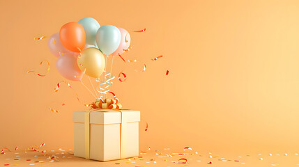3D rendering cartoon gift box with balloons flying out of it on a buttercream background. A sunshine yellow and pale orange color palette is used. Minimal concept design