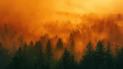 The forest is covered in fog and the trees are orange. The misty atmosphere gives the scene a serene and peaceful feeling