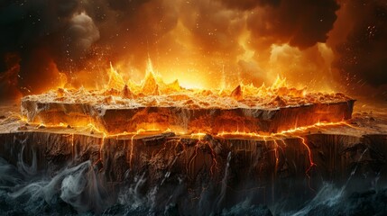 A fiery landscape with a volcano in the middle. The volcano is surrounded by a rocky terrain and the sky is filled with smoke and clouds. The scene is intense and dramatic, with the fire