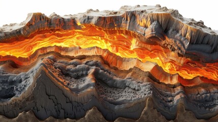 A lava flow is depicted in a 3D image, with the lava reaching up to the sky. Concept of power and destruction, as the lava flows down the mountain and engulfs everything in its path