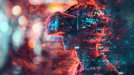A man is wearing a virtual reality headset and looking at a cityscape. Concept of immersion and wonder as the viewer is transported into a digital world - obrazy, fototapety, plakaty