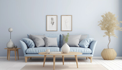 Bright living room interior with blue sofa wooden table and plant in a basket