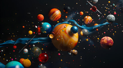A 3D render of an abstract floating composition made up of various objects like planets and asteroids in cosmic colors