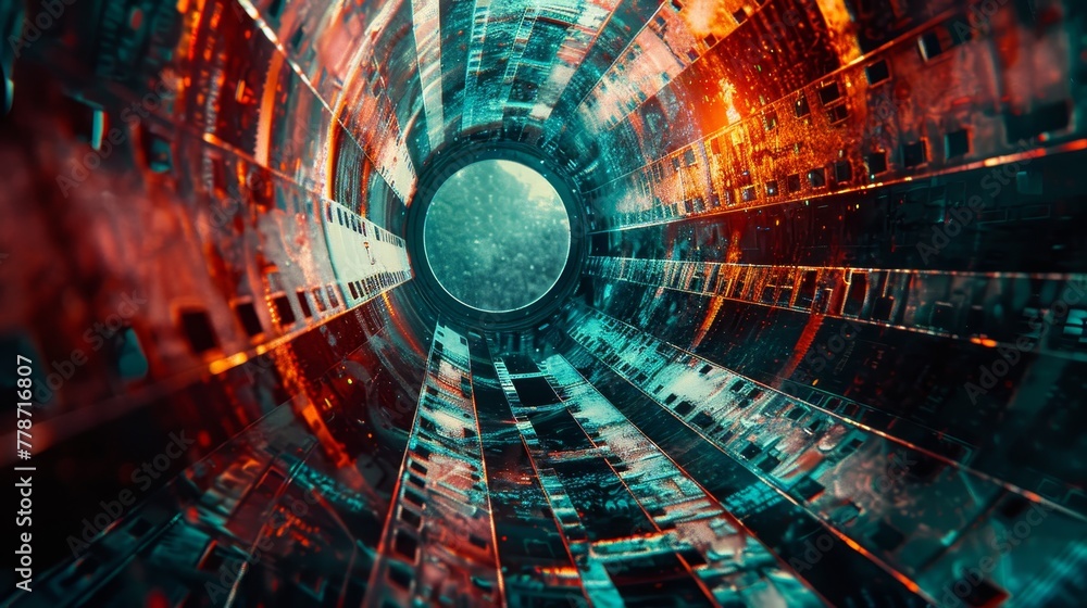 Poster a colorful, abstract image of a tunnel with a blue and orange sky. the tunnel is filled with many di