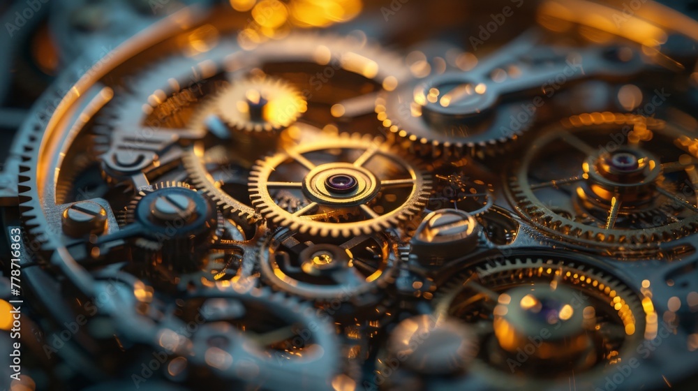 Poster a close up of a clock with gears and a small round gear in the middle