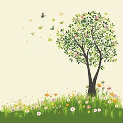 Grass, flowers and a tree on a simple background.