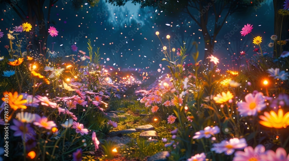 Aufkleber a field of flowers with a path through it. the flowers are in full bloom and the path is lit up with