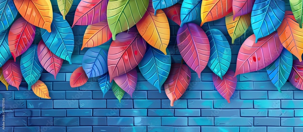 Poster a vibrant pattern of magenta and electric blue petals forms a symmetrical design on the brick wall, 