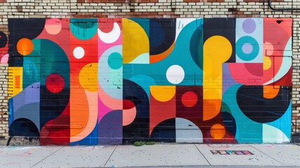 A colorful mural with many different shapes and colors. The mural is on a brick wall and is very large