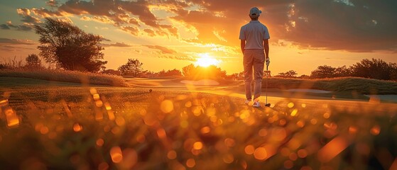 Golfer taking a swing at dusk cinematic lighting on the fairway - obrazy, fototapety, plakaty