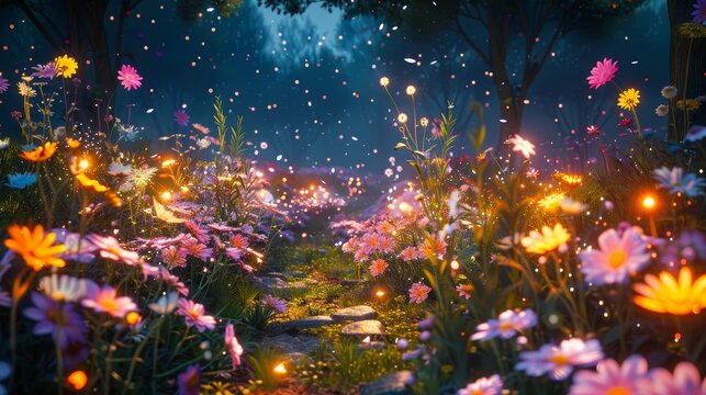A field of flowers with a path through it. The flowers are in full bloom and the path is lit up with lights