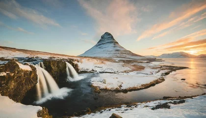 Poster Kirkjufell kirkjufell mountains in winter fantastic winter scenery wonderful view on kirkjufell mountain with northern light iceland incredible nature landscape of iceland famous travel destination