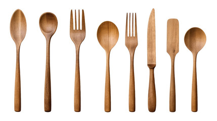 Set of Cutlery of wood wooden spoon, fork knife on transparent background. - obrazy, fototapety, plakaty