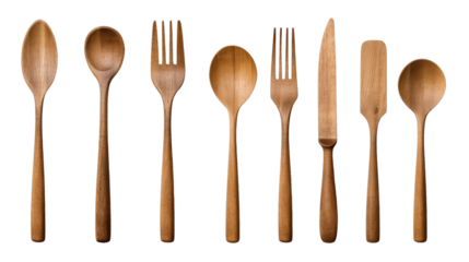 Set of Cutlery of wood wooden spoon, fork knife on transparent background.