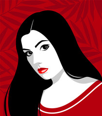 1471_Passionate woman with red lips, black eyes and long black hair wearing red dress
