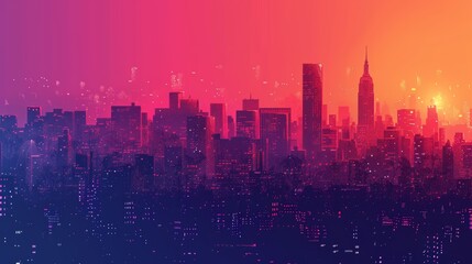 A city skyline with a pink and purple background. The city is lit up at night, giving it a vibrant and lively atmosphere