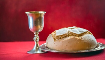 unleavened bread chalice of wine silver kiddush wine cup on red background communion still life christian