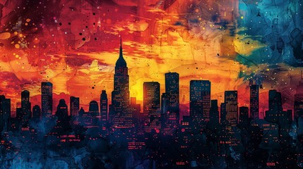 A city skyline with a sunset in the background. The sky is filled with a variety of colors, including red, orange, and blue. The cityscape is a mix of tall buildings and smaller structures
