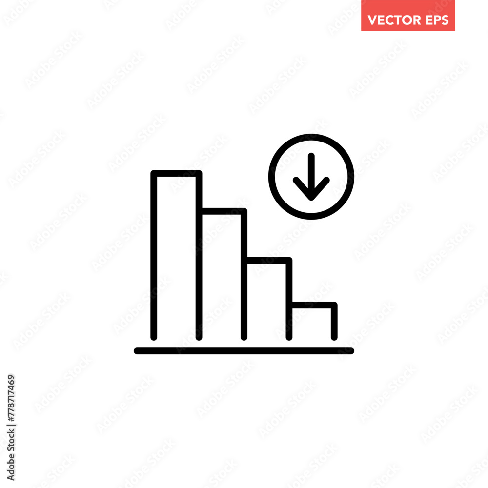 Poster black single financial graph with down arrow line icon, simple businese decline flat design pictogra