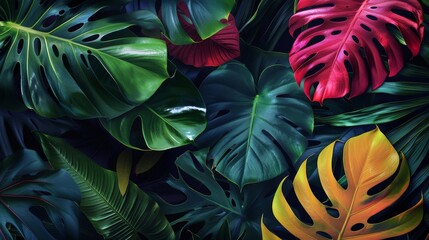Lush colorful tropical leaves, dark background.