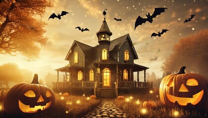 spooky halloween background of ghost house with bats and jack o lanterns digital illustration - obrazy, fototapety, plakaty