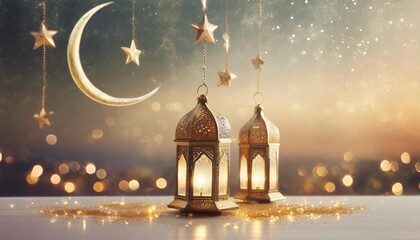 beautiful ramadan kareem background with golden crescent moon stars and lanterns for eid mubarak celebration and greeting card - obrazy, fototapety, plakaty