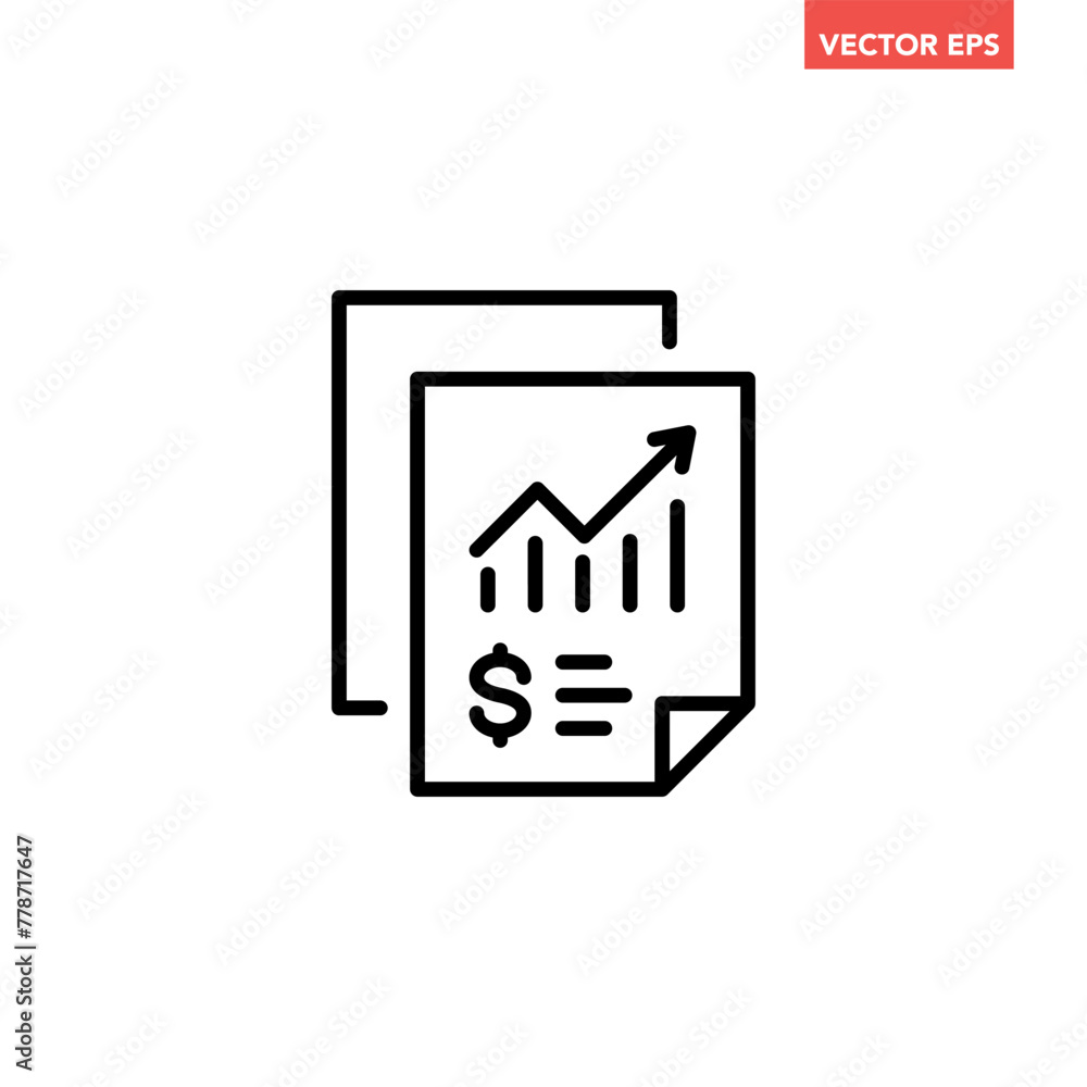 Poster single black accounting document line icon, simple financial report flat design vector pictogram, in