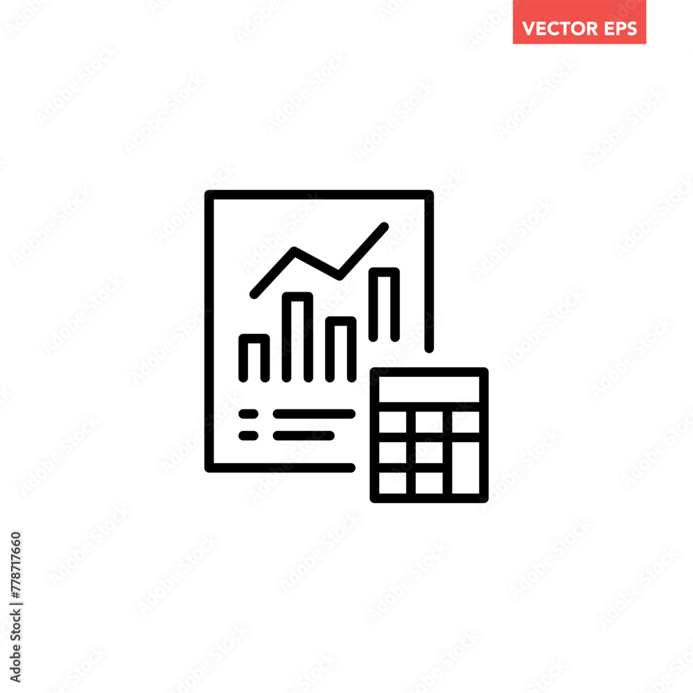 Poster single black accounting document line icon, simple financial report flat design vector pictogram, in