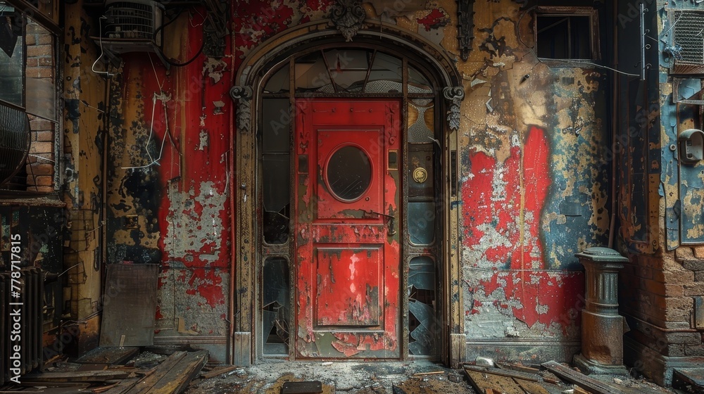 Poster a red door with a circular window sits in front of a building with a lot of damage. the door is the 