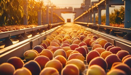 iconic depiction of a conveyor belt production line capturing the detailed details of each peach in transit against a backdrop that accentuates the freshness of the fruit