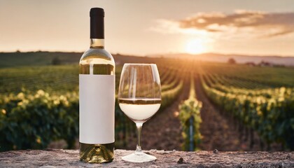 mock up white wine bottle without label glass promotion advertising vineyards at sunset