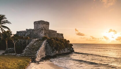 castillo fortress at sunrise in the ancient mayan city of tulum - obrazy, fototapety, plakaty