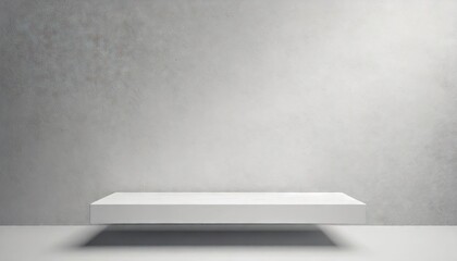 Universal minimalistic background for product presentation. White empty shelf on a light gray wall